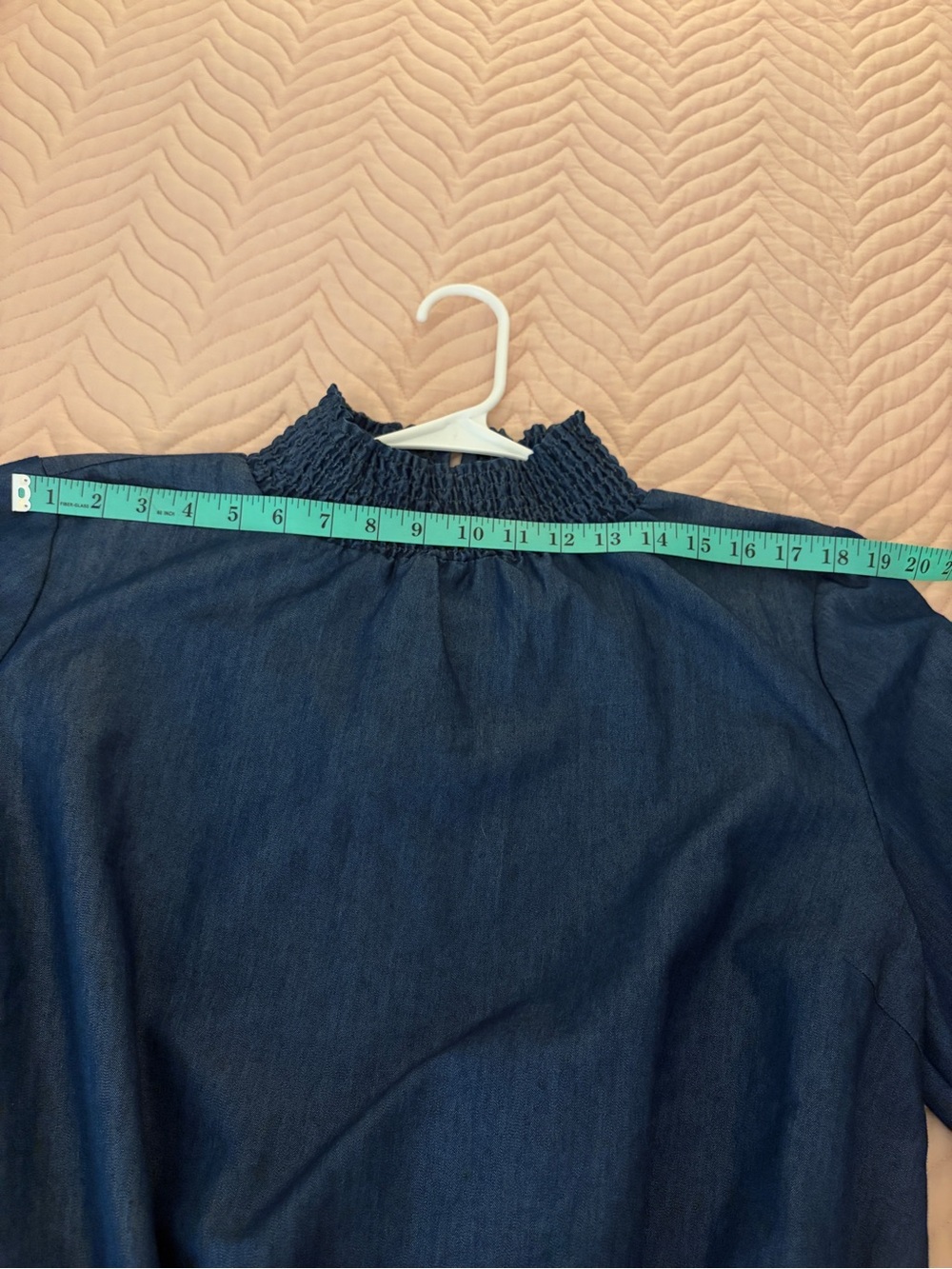 Ashley Stewart Denim Peplum Top Smocked Neck Puff Sleeves Blue Size 12/16 - Picture 10 of 12
